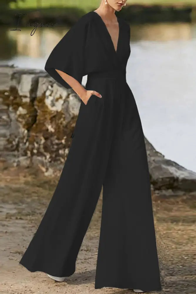 Ingvn - Elegant Solid Color V Neck Boot Cut Jumpsuits(7 Colors)