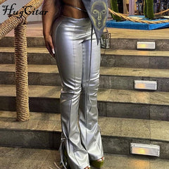 High Waist Solid Pu Leather Bandage Cut Out Pants Autumn Winter Women Fashion Streetwear Casual Flares Trousers
