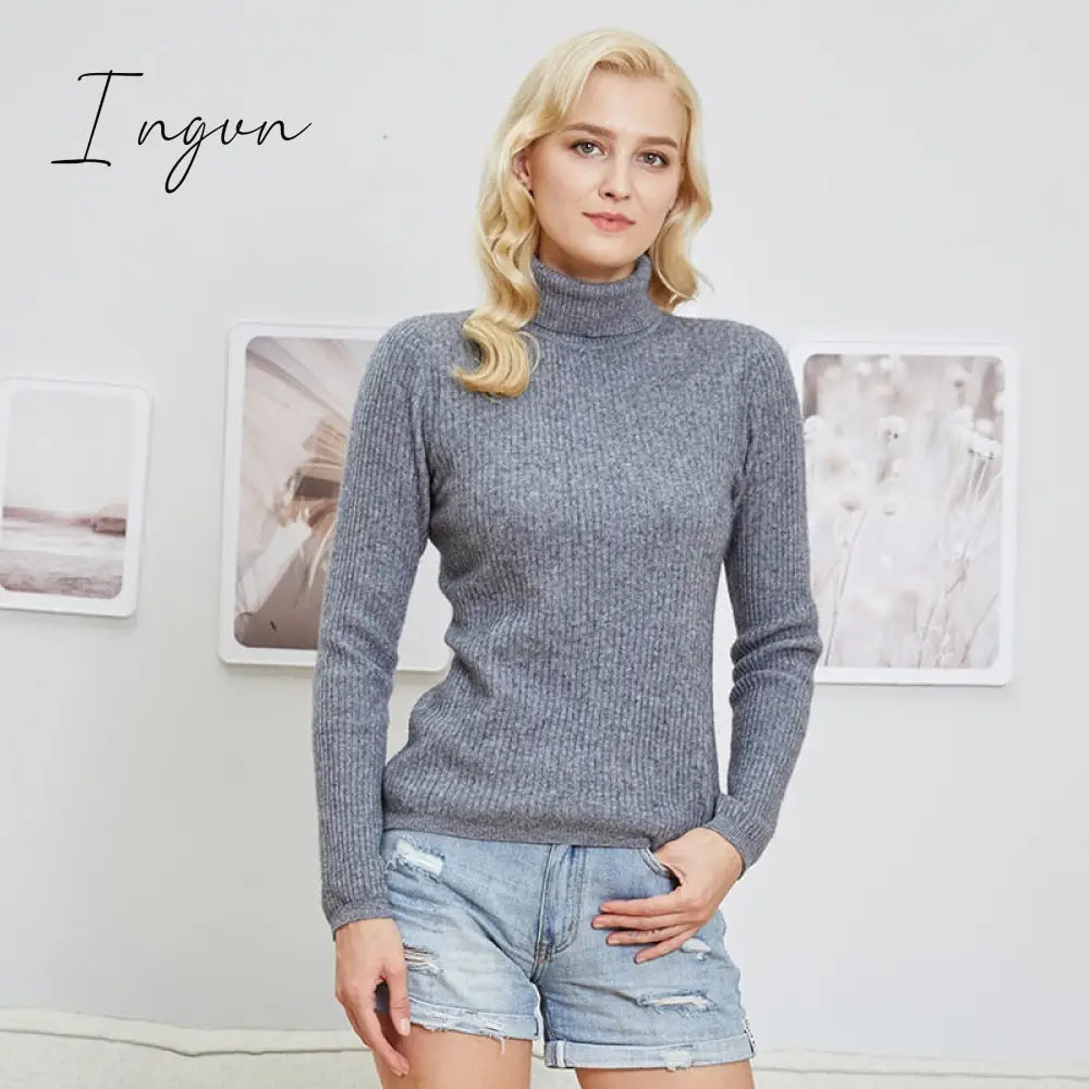 Ingvn - 100% Merino Wool Turtleneck Women Sweater Autumn Winter Warm Soft Jumper Women Knitted Pullover Femme Cashmere Sweater Knit