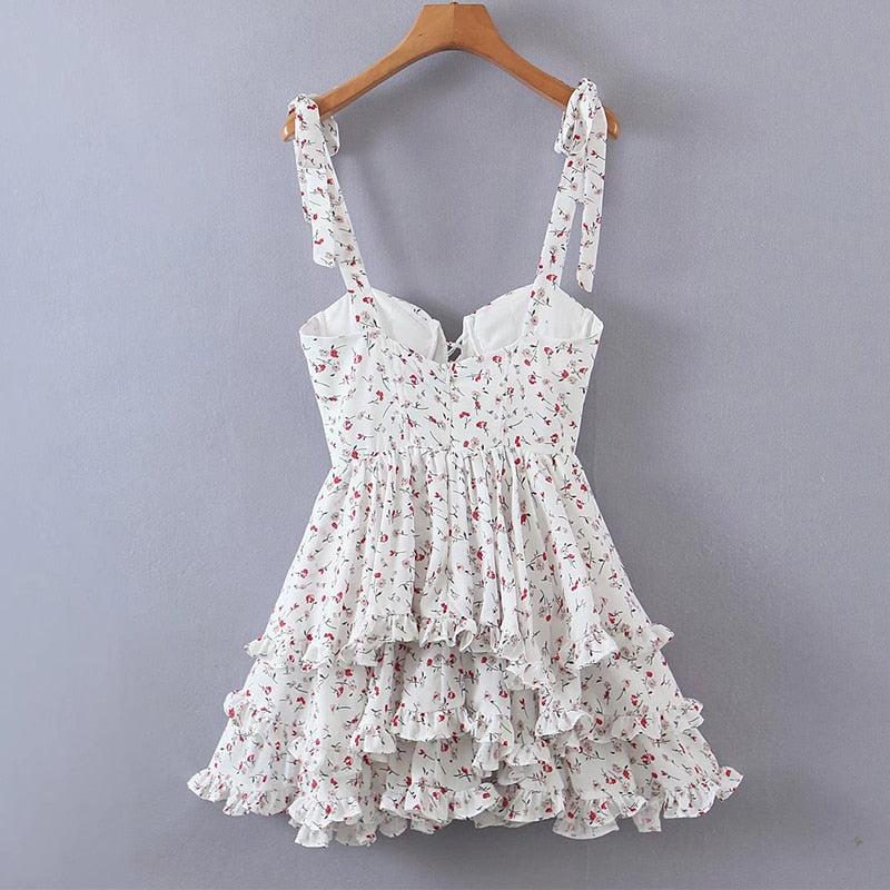 Voguable  Summer Sexy Sling Dress Women Floral Print Layer Ruffle Cake Mini Dress Sweet Ladies Holiday Party Short Robe Chic Vestido