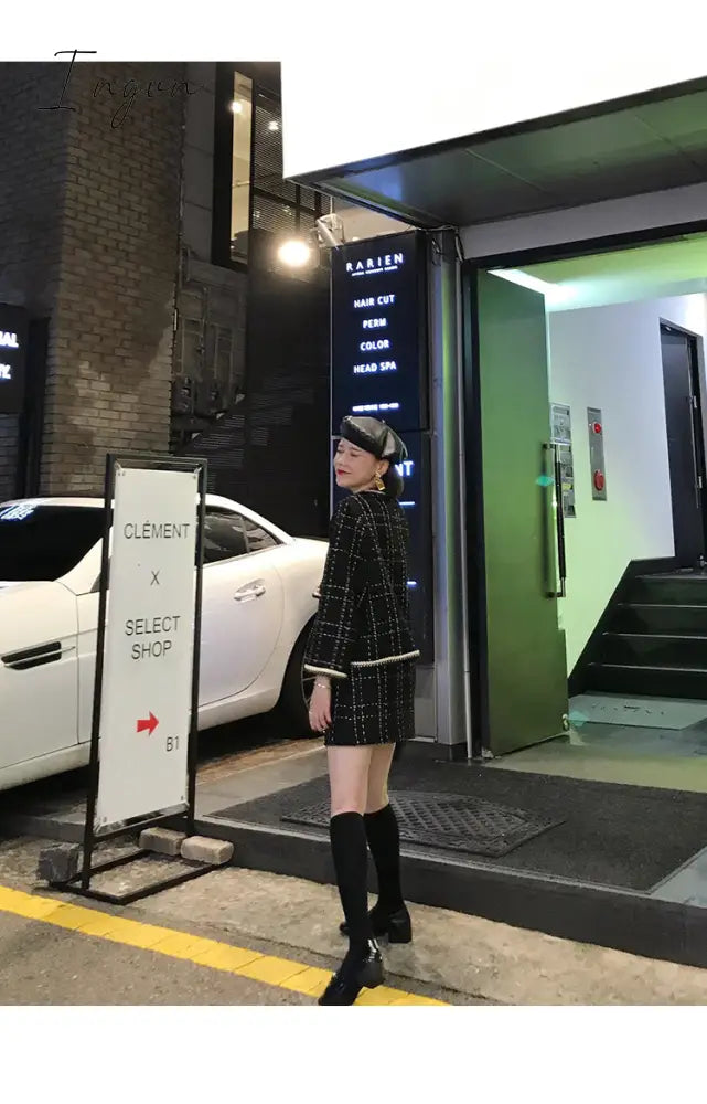 Ingvn - European Style Autumn Winter 2 Piece Set Women Short Woolen Tweed Jacket Coat & Bodycon Mini Skirt Set Women Two Piece Outfits