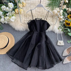 Ingvn - Spring Outfits Summer Spaghetti Strap High Waist Sleeveless Mini Chiffon Elegant Women Lady Female Dress