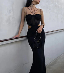 Ladies Autumn Sleeveless Backless Lace Up Halter Hollow Out Maxi Dress For Women New Fashion Evening Party Club Wear Y2K Clothes