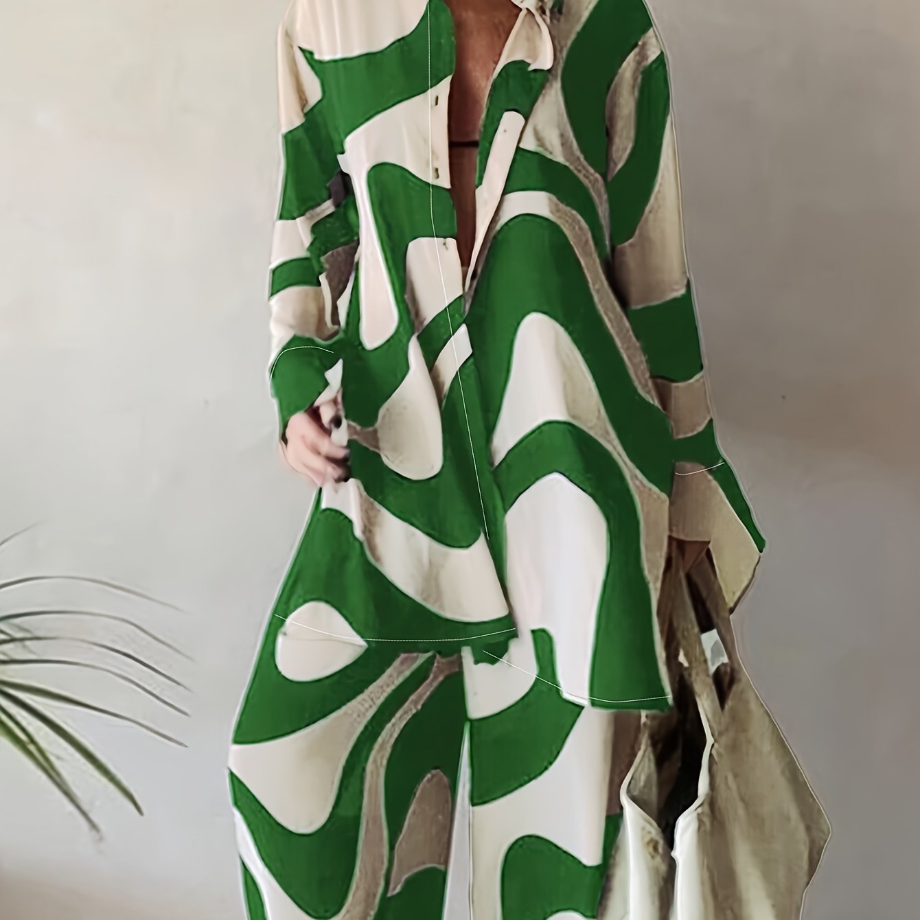Long Sleeve Plus Size Two-piece Set, Geometric Print Buttons Shirts & Wide Leg Pants Outfits, Women's Clothing