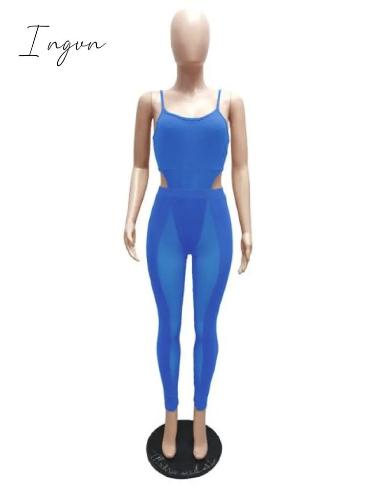 Ingvn - Sexy Mesh Sheer Spliced Two Piece Set Tracksuit Women Bodysuit Pants Summer Clothes Vacation Club Outfits Matching Sets