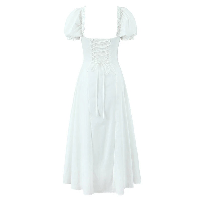 New Women Sexy Off Shoulder Elegant Party Dresses Short Sleeve Lace Up Back A-line Midi Summer Dress Blue White Robe