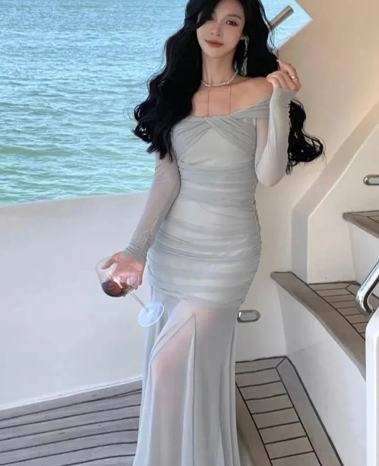 Autumn Elegant Mesh Bodycon Evening Party Midi Dress Women Long Sleeve Irregular One Pieces Vestidos Korean Ladys Clothes