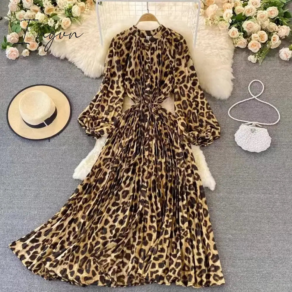 Ingvn - Retro spring and autumn new retro temperament breasted bow halter dress women's long-sleeved irregular knee-length dress