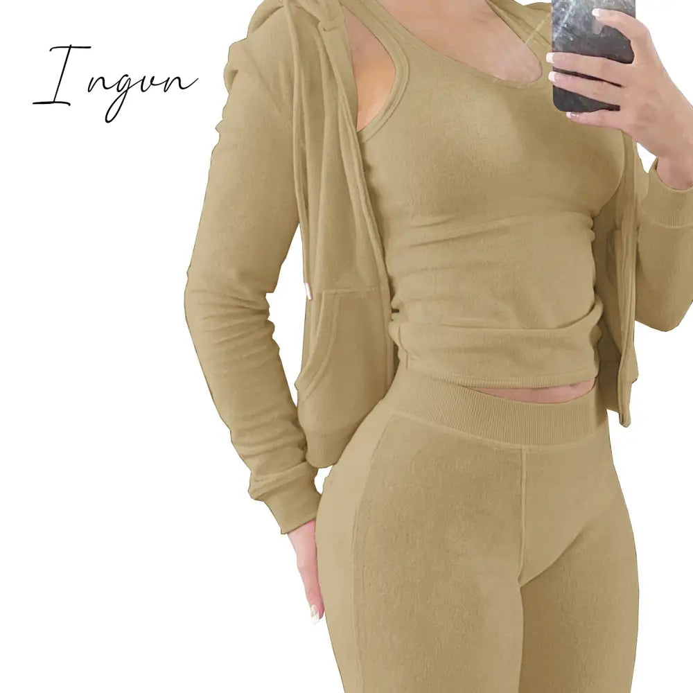 Ingvn - Double Face Fleece Three Piece Set Woman Long Sleeve Vest Hooded Drawstring Sweatpants Winter Sports Jogger Outfits