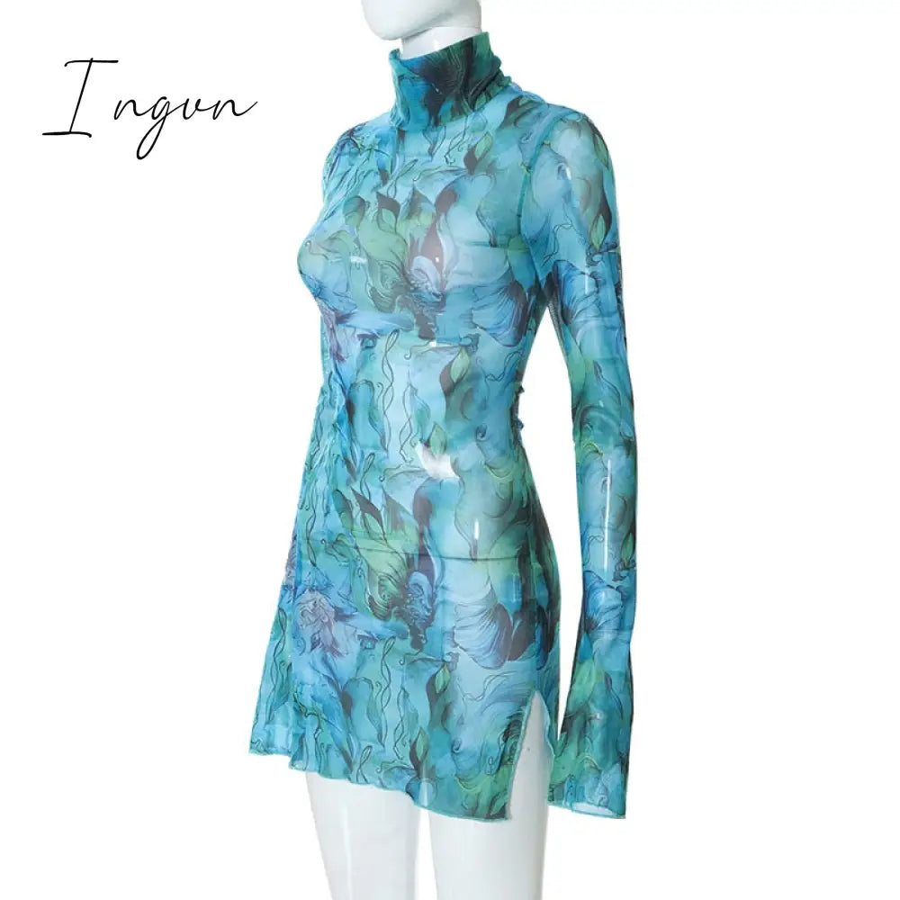 Ingvn - Long Sleeve Printed Tie Dye Bodycon Mini Dress Women Autumn Elegant Party Evening Sexy Fashion Casual Slim Vacation Dresses