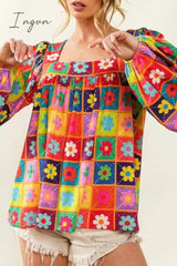 Ingvn - Casual Print Contrast Square Collar Tops