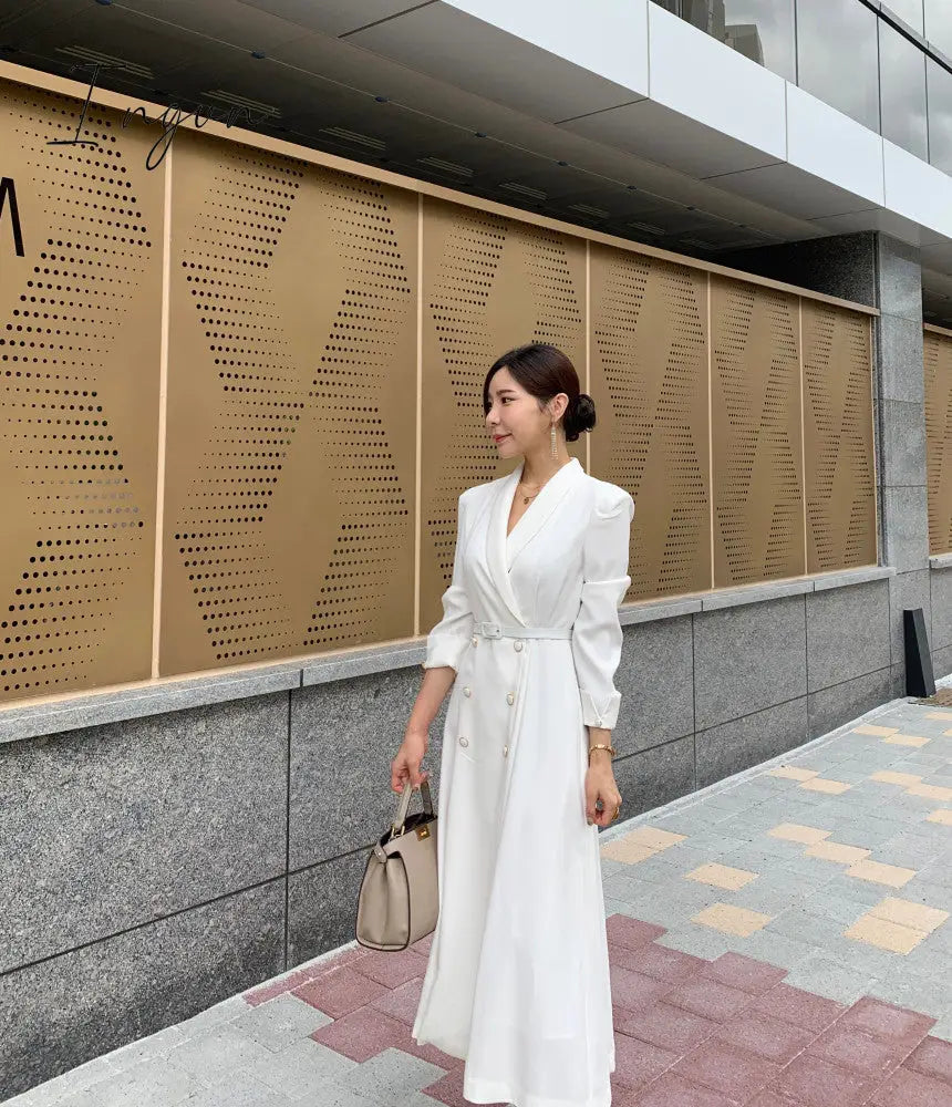 Ingvn - New French Spring Elegant Double Breasted Belted Sashes Women Suit Dress Autumn Office Long Sleeve Slim Waist Female Dress