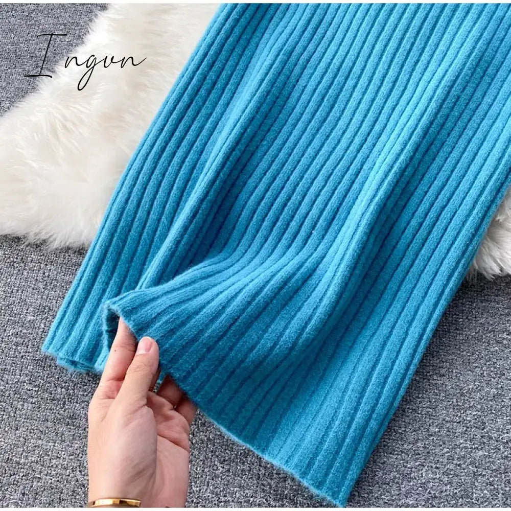 Ingvn - Women Elegant Slim Two Piece Sets Female Sweater Dress Autumn Winter High Waist Knitted Ensemble Femme Medium Long Party Dresses