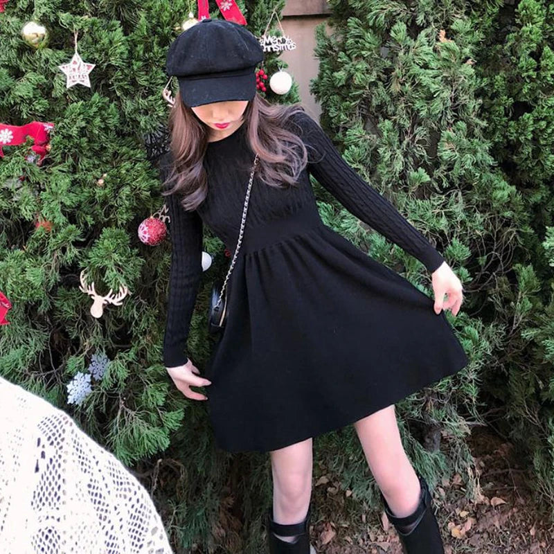 Korean Style Solid Inside Knitting Mini Dress Woman Autumn Winter Warm Long Sleeve Sweater Dresses Elegant Women's Waist Dress