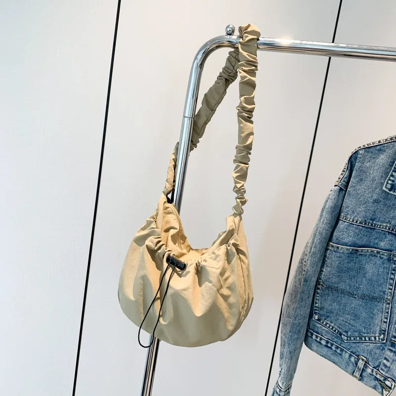 Ingvn  Soft Nylon Women's Drawstring Shoulder Bag Pleated Strap Female Hobos Crossbody Bags Large Capacity Ladies Solid Color Handbags