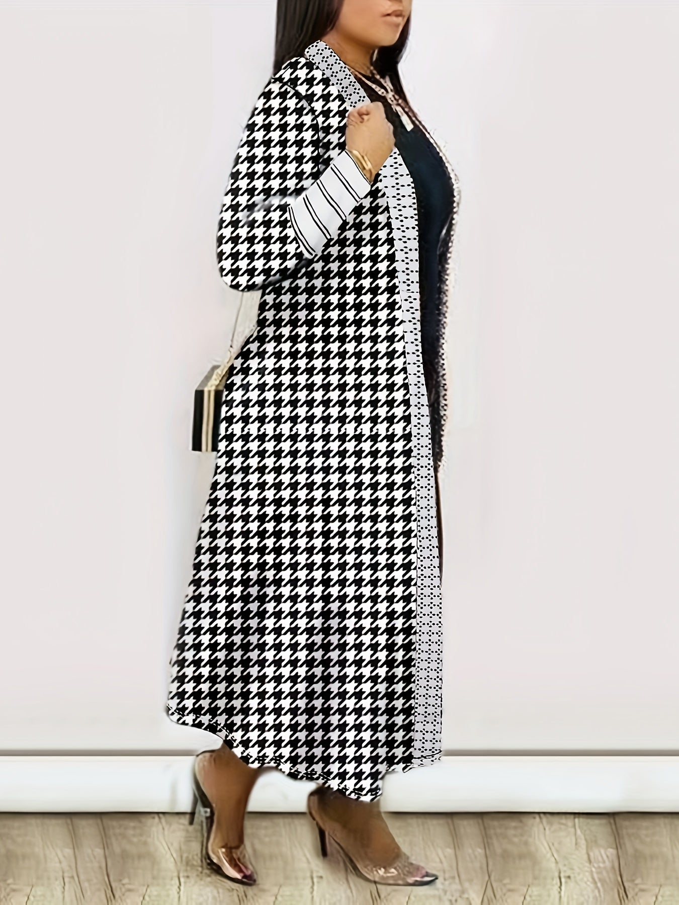 Long Sleeve Colorblock Geometric Print Casual Open Front Cardigan, Women's Clothing