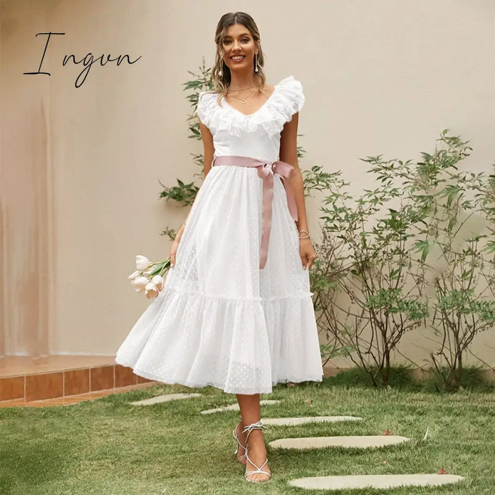 Ingvn - Fashion Trends V-neck mesh polka dot summer tulle party dress women Backless pink ruffle sleeveless dresses Elegant sash maxi vestido