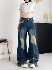 Ingvn  Women's Broken Hole Tassel Star Jeans Young Girl Straight Denim Trousers Vintage Street Style Bottoms Female High Waisted Pants