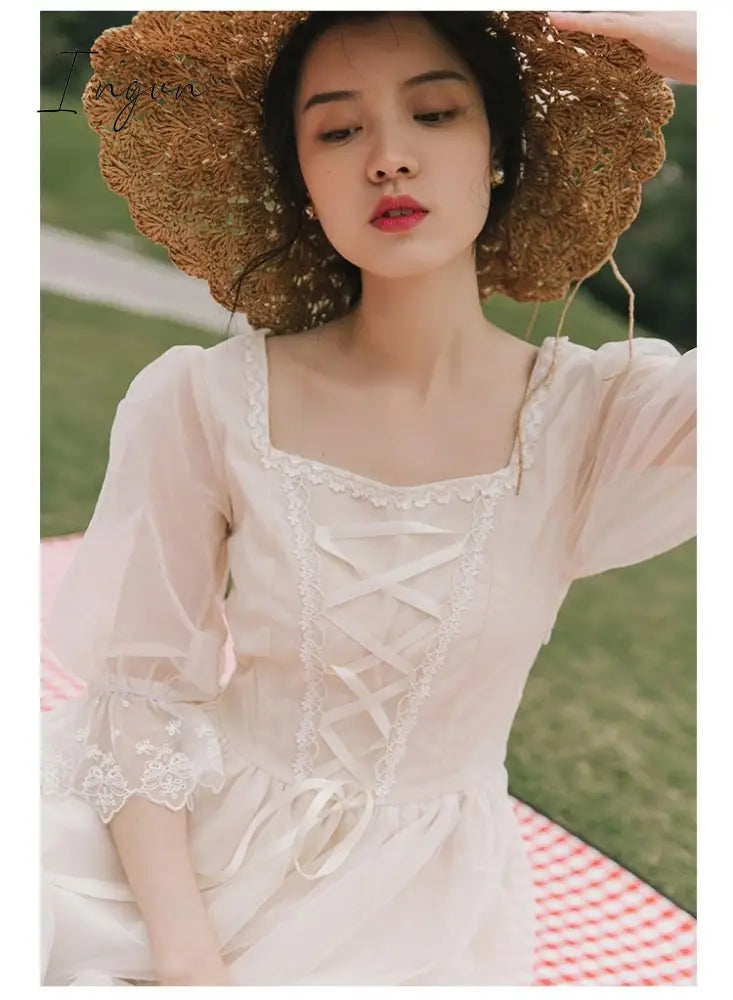 Ingvn - Vintage Retro Dress Women French Style Elegant Designer Fairy Dress Casual Slim Chiffon Party Dress  Autumn Women's Clothing
