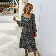 Ingvn - Women Long Dress Autumn Winter Long Sleeve Elegant Ladies Flower Square Collar Dresses Party Black Clothes For Woman
