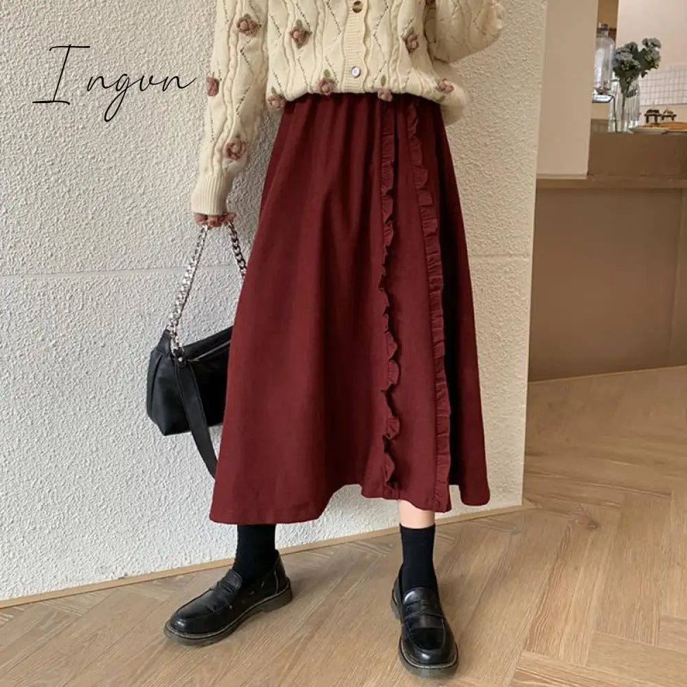Ingvn - Spring/Autumn Women Skirts High Waist Student Korean Style Dark Vintage Ruffle Long A-line Skirts Women Fashion
