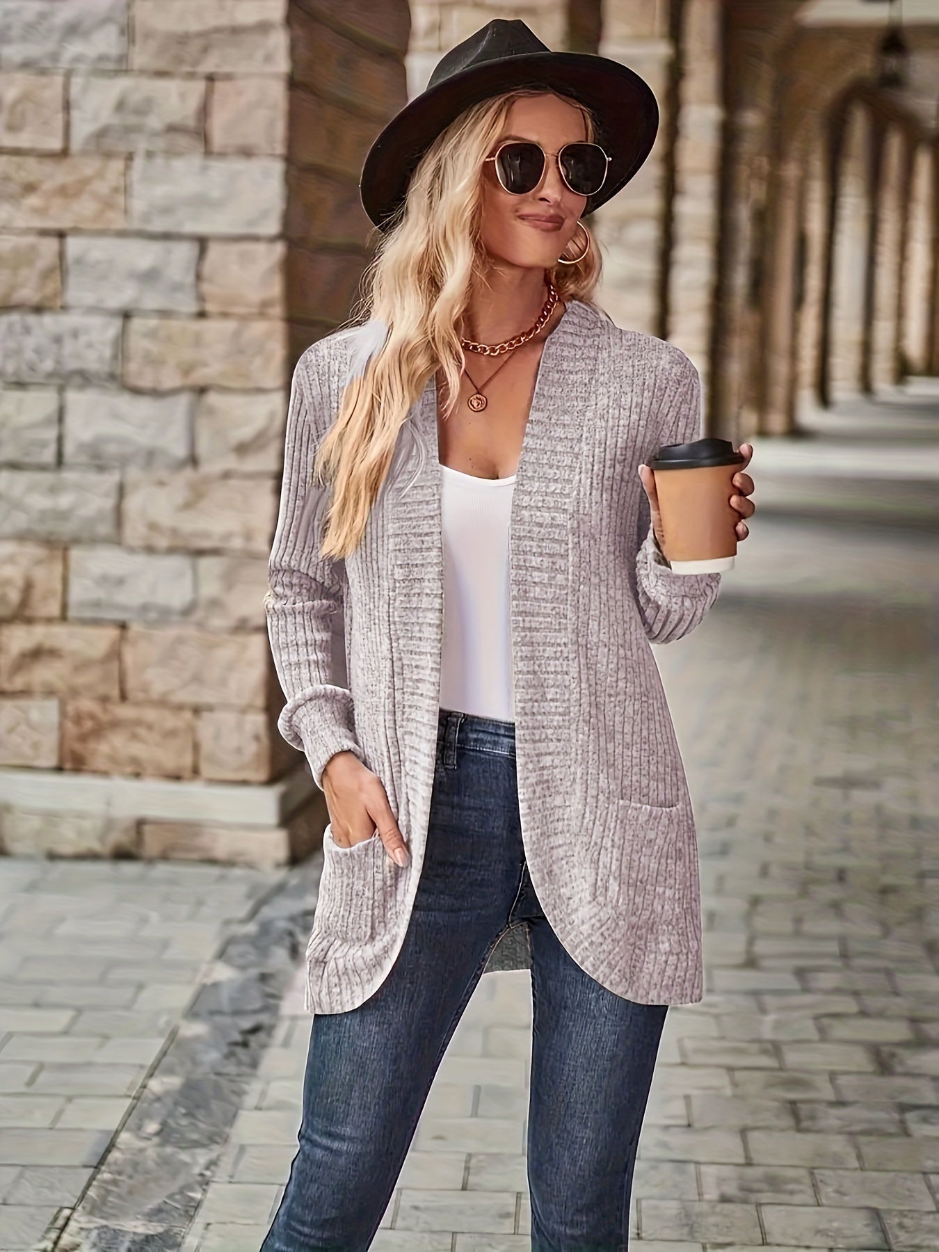 Solid Color Open Front Cardigan, Versatile Long Sleeve Pockets Cardigan For Spring & Fall, Women's Clothing