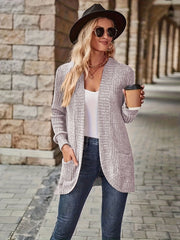 Solid Color Open Front Cardigan, Versatile Long Sleeve Pockets Cardigan For Spring & Fall, Women's Clothing