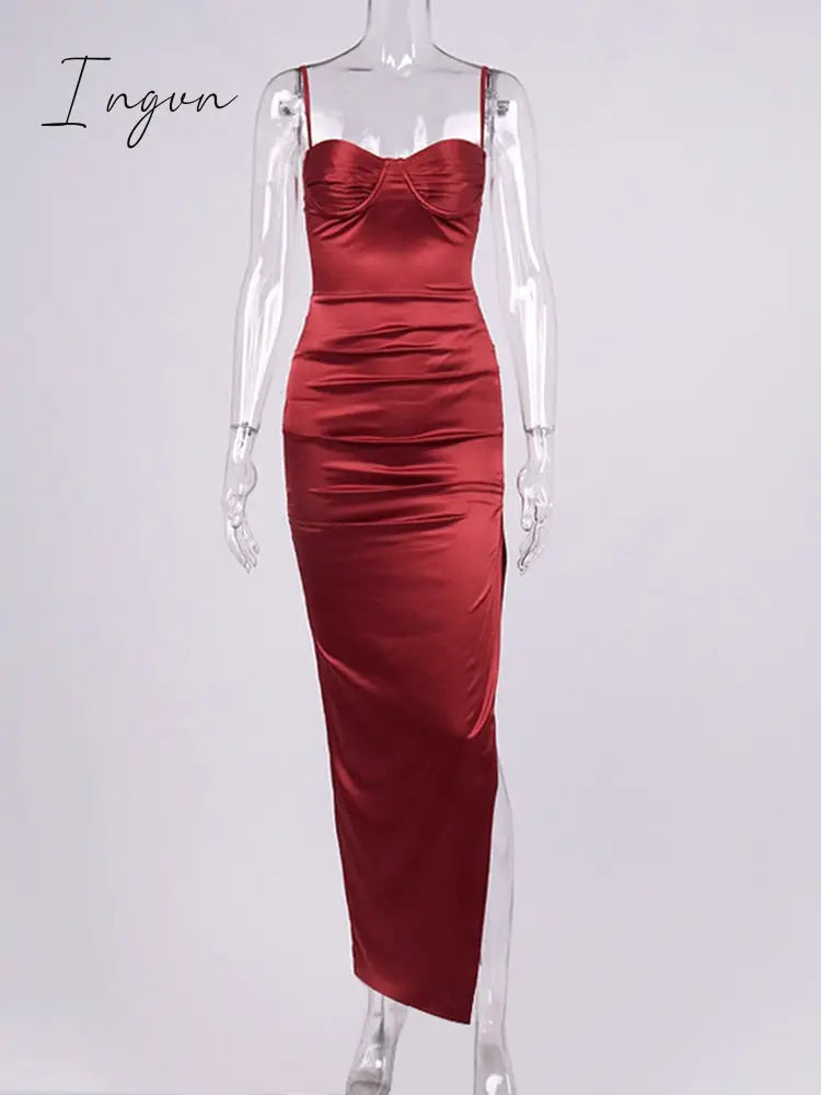 Ingvn - High Side Split Satin Dresses Women Spring Sexy Sleeveless Backless Party Outfit Solid Bodycon Black Evening Dress