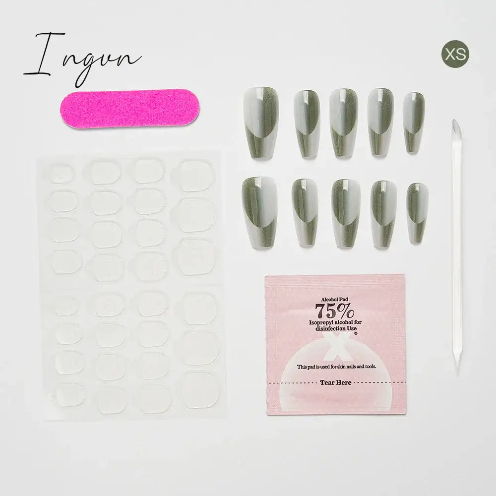 10PCS Chinese Style Fake Nails with Glue Sfumato Ink Long Nails Set Press on Acrylic Stick on False Nails Art