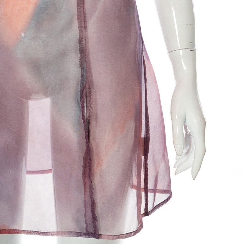 Women's Sexy Sheer Mesh Cami Dress Tie-dye Print V-neck Sleeveless Backless See-Through High Split Mini Dress E-Girl Streetwear