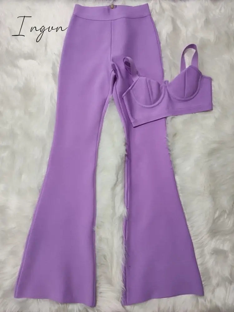 Ingvn - Set 2 Pieces Strap Sleeveless Bustiers And Long Bell-Bottoms Trousers Sexy Celebrity Party Sheath Vestidos  Dobanmbd