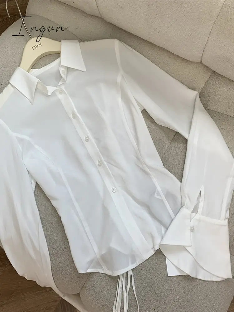 Ingvn - Women Retro Solid Color Slim Chiffon Shirt Turn-down Collar Flare Sleeve Tunic Bandage Design Female Blouses 2023 Spring Summer