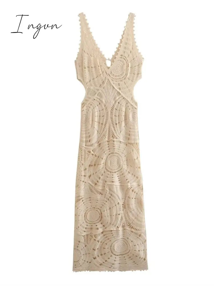 Ingvn - Solid Knitted Hollow Out Crochet Long Dresses Elegant V-neck Sleeveless Backless Vestidos Women Party Beach Vacation Clothes