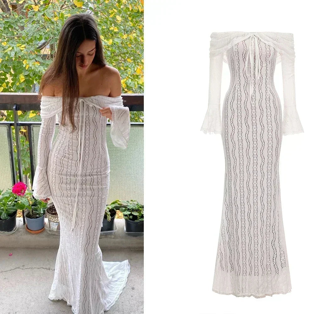 White Off The Shoulder Bodycon Dress New in Flare Sleeve Elegant Lace Maxi Dress Wedding Guest Dress for Women