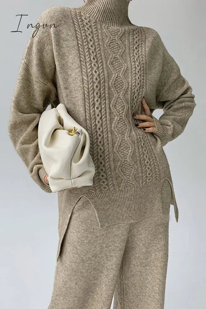 Ingvn - Casual Solid Slit Turtleneck Long Sleeve Two Pieces