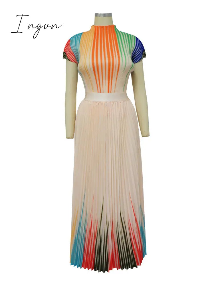 Ingvn - Long Pleated Dress Sets Women 2 Piece Outfits Summer Short Sleeve Gardient Print Swing Skirt Set Elegant Casual 2023 New In