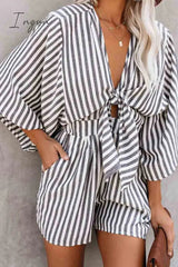 Ingvn - Striped Short Sleeve Loose Jumpsuit