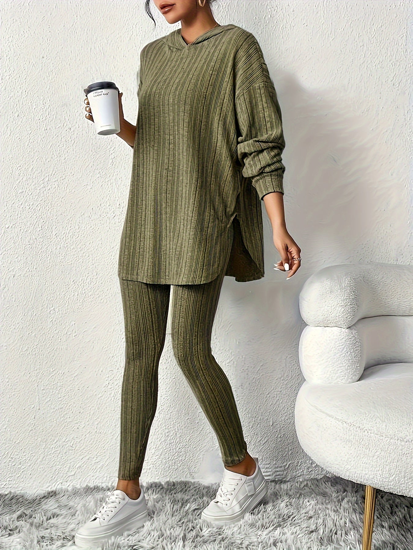 Sleek Duo, Elegant Solid Color Ribbed Hoodie & Leggings Set for Women - Long Sleeve, Polyester Blend, Machine Washable - Perfect for Spring/Fall
