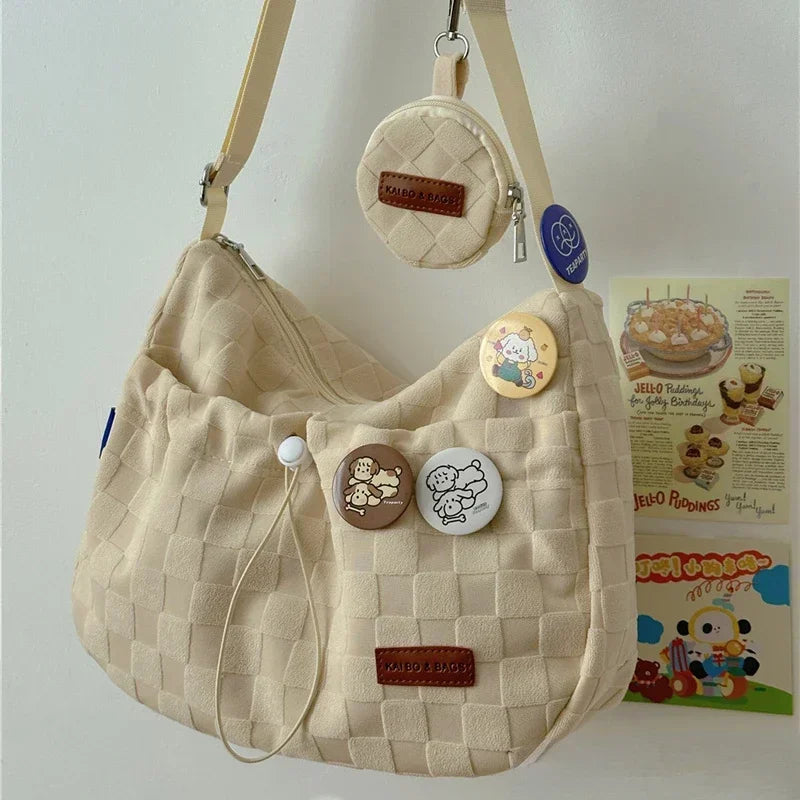 INGVN  Harajuku Style College Crossbody Bag Solid Color Plaid Print Large Capacity Shoulder Bag New Cute Fashion Designer Handbag