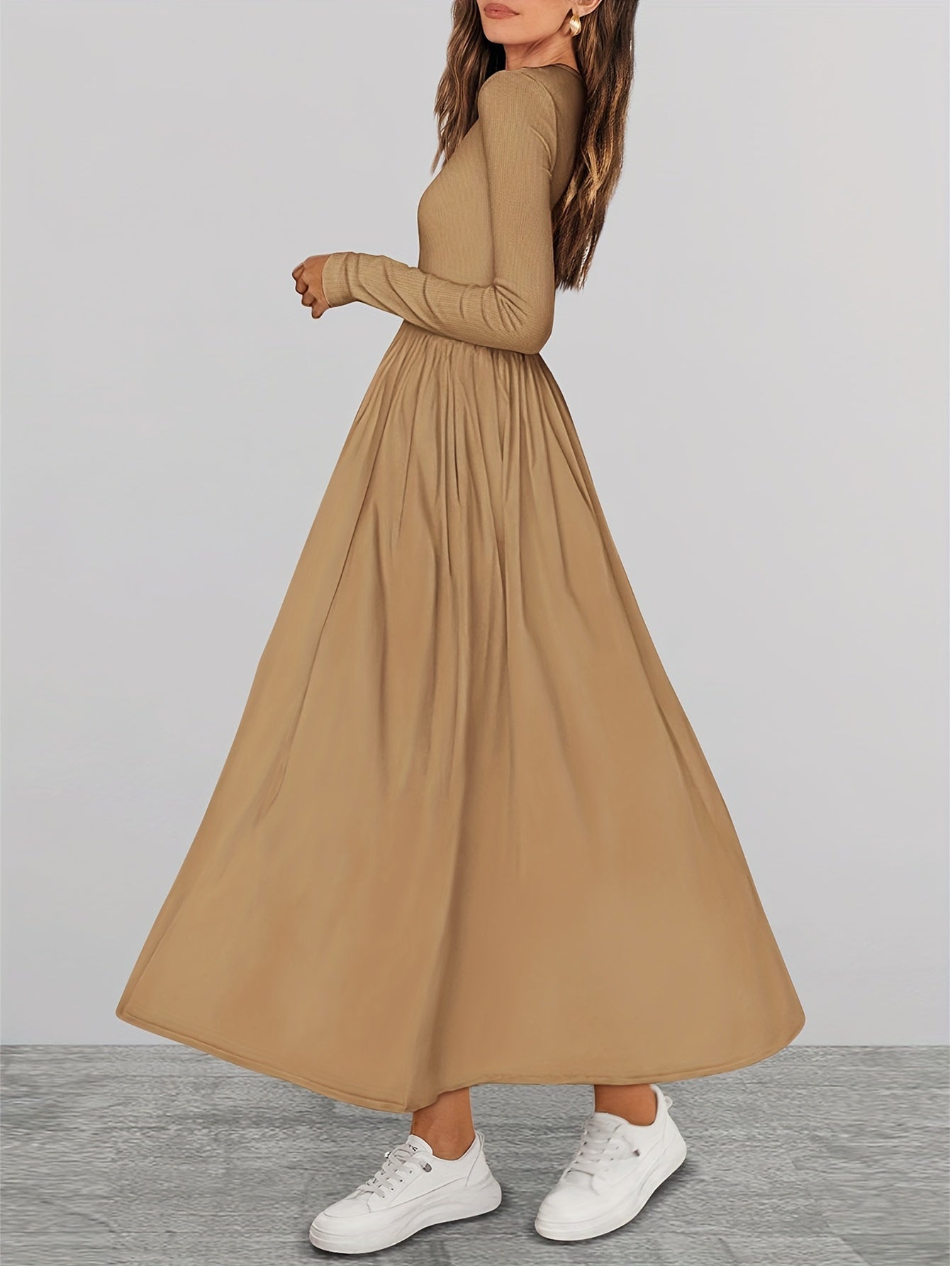 Ladies Casual Long Sleeve Wedding Guest Dress Fall Dress Elegant Bohemian Style Flowing Mid-length Dress With Pockets