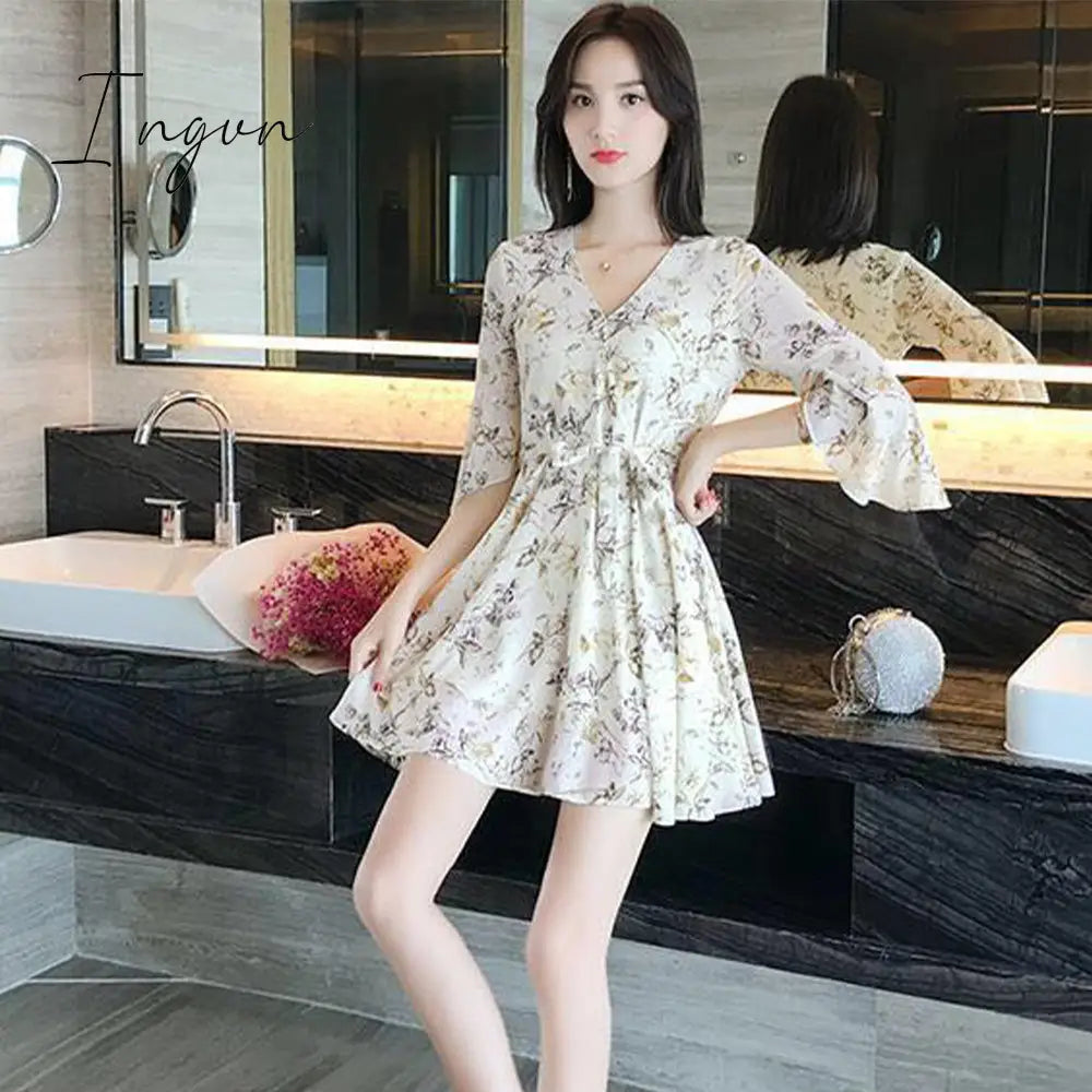 Ingvn - Women Mini Dress Spring New V-neck Floral Chiffon Dress High Waist Flare Sleeve Female Dress Woman's Dress KarolyiDora KA88