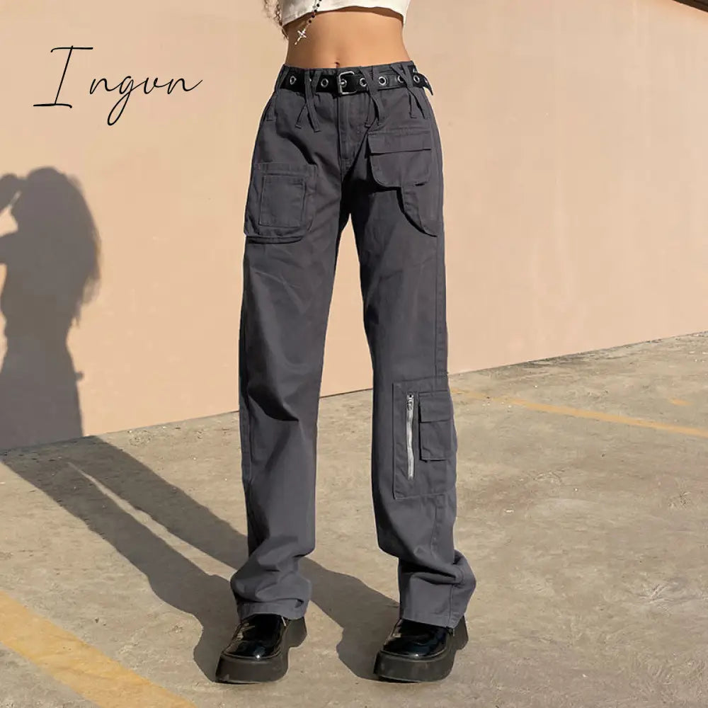 Ingvn - Vintage Streetwear Cargo Pants Women Harajuku Street Loose Straight Women Jeans Casual Slim Versatile High Waisted Jeans Pants