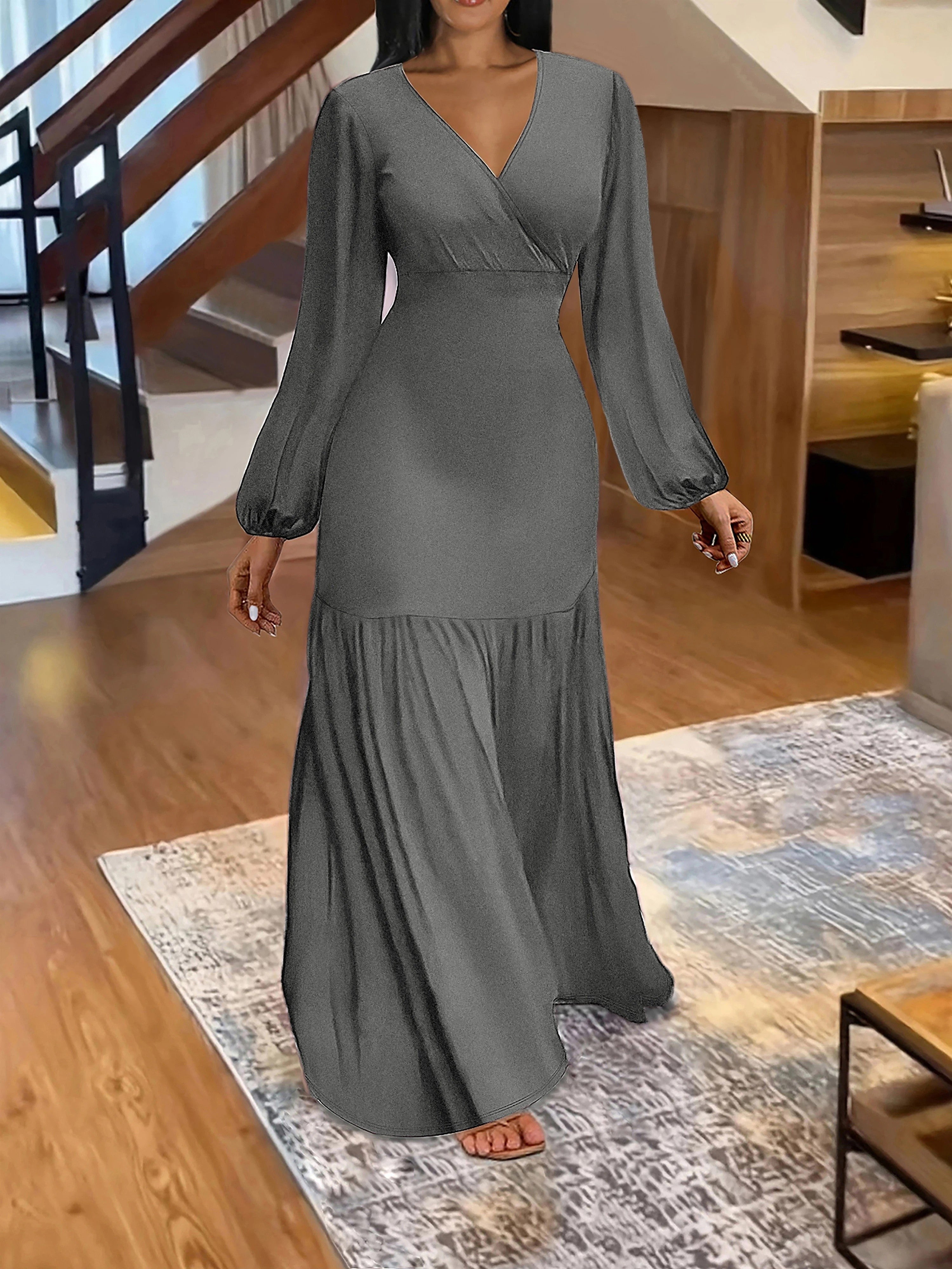 Stunning Ruched Maxi Dress - Elegant V Neck, Lantern Long Sleeves, Party-Perfect, Women's Clothing for Special Occasions