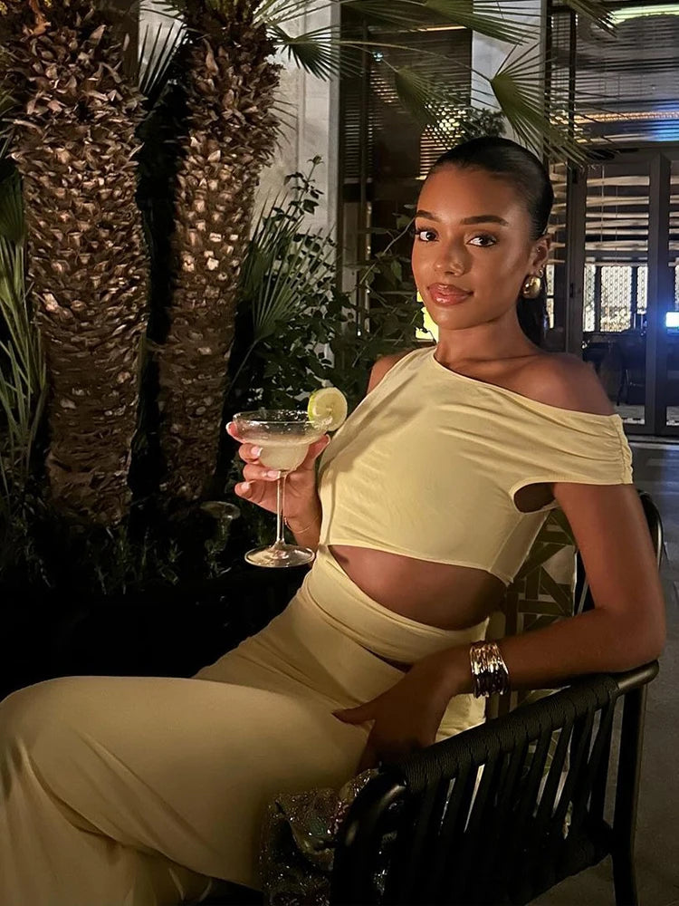Hollow Sexy Maxi Dress Women Irregular Skinng Ruched Diagonal Collar Sleeveless Vacation Beach Party Fashion Vestidos
