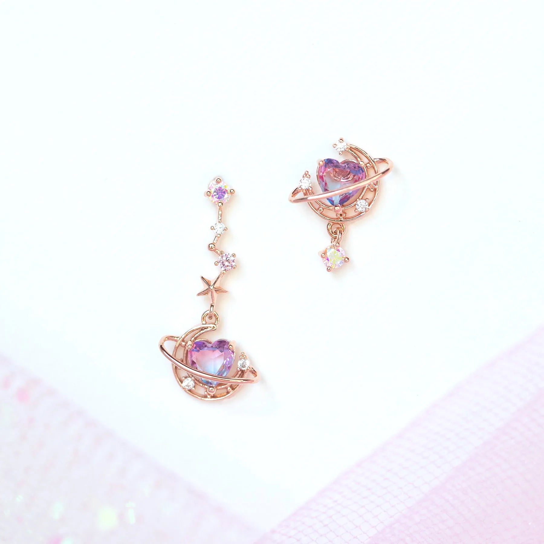 INGVN  New Ins Asymmetric Moon Heart Earring For Women Cute Gold-plated Pink Zircon Heart Stud Earrings Fashion Aesthetic Jewelry Gift