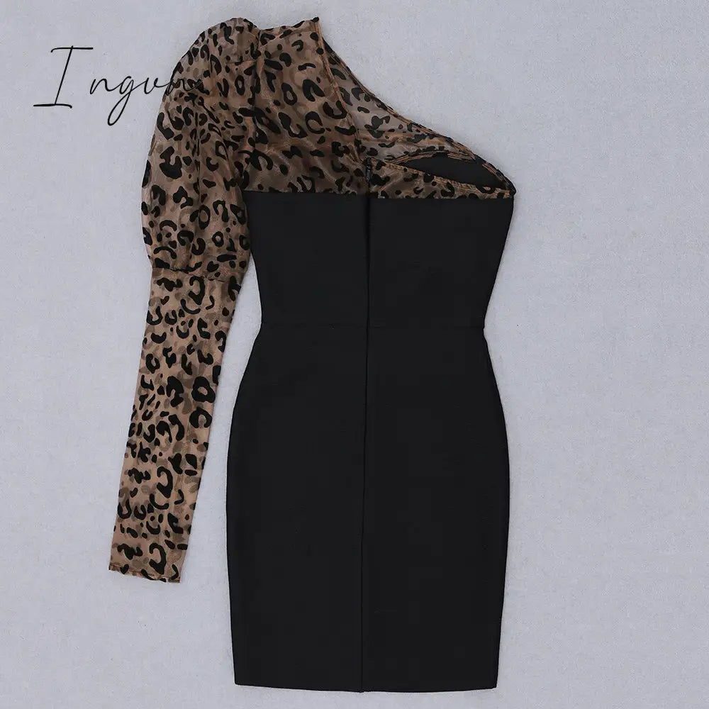 Ingvn - Sexy One-shoulder Leopard Print Women Dress Patchwork Mesh Backless Bandage Dress Women Summer Slim Party Clubwear