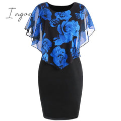 Ingvn - Plus Size Womens Dress Elegant Office Lady Rose Flower Print Cape Bodycon Knee Length Dress