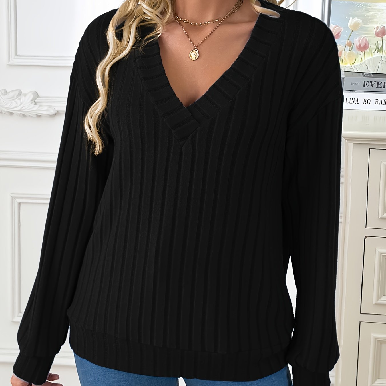 1pc Elegant Women'S V-Neck Ribbed Sweater - 100% Polyester Knit Fabric, Solid Color, Long Sleeve, Regular Length for Spring/Fall