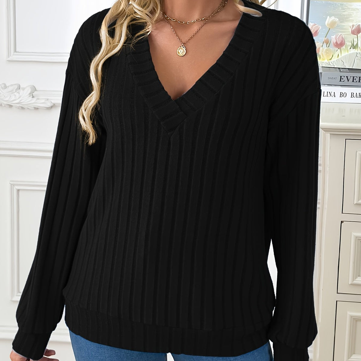 1pc Elegant Women'S V-Neck Ribbed Sweater - 100% Polyester Knit Fabric, Solid Color, Long Sleeve, Regular Length for Spring/Fall
