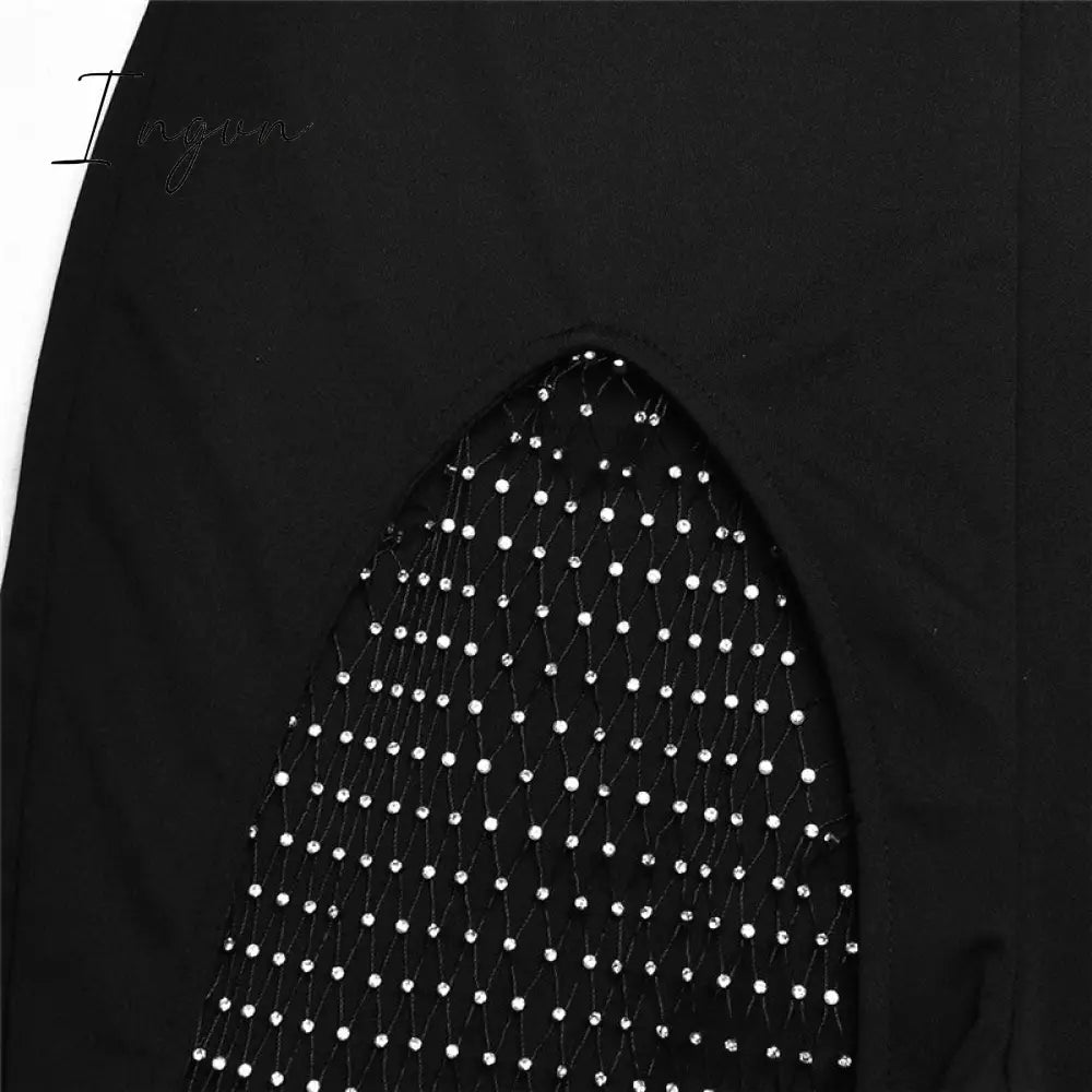 Ingvn - Patchwork Diamond Fishnet Bodycon Women Jumpsuit Black One Shoulder Long Sleeve Jumpsuit Lady Sexy Evening Party Clothes